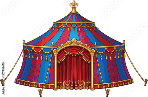 Colorful circus tent illustration, ornate red and blue striped design with golden accents, festive carnival, entertainment, performance, outdoor event backdrop
