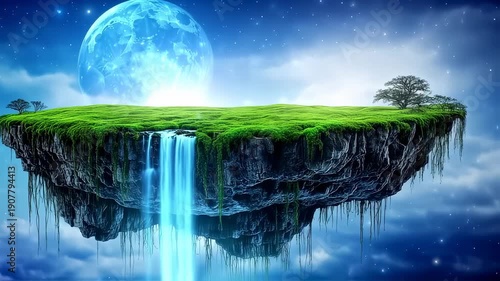 A floating island with waterfall, green grass, and trees against a luminous blue moon