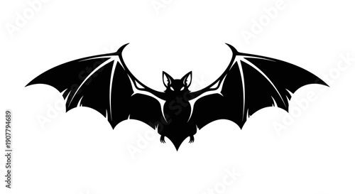 Black silhouette of a bat with wide open wings.