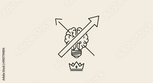 Brain Lightbulb Idea Symbol with Arrows and Crown.