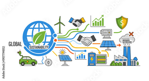 Dynamic illustration depicting global sustainability efforts, showcasing renewable energy, eco-friendly transportation, and industrial transformation for a greener future.