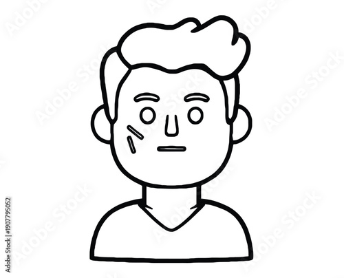 Black and white sketch of a person with short hair, neutral expression, and three marks on the left cheek. Simple, cartoonish style.