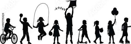 Children silhouettes playing outdoors with bicycle, kite, jump rope, scooter and balloons, active childhood activities isolated on white background
