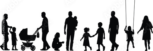 Family silhouettes walking together with parents and children, stroller, swing and baby, happy family life concept isolated on white background