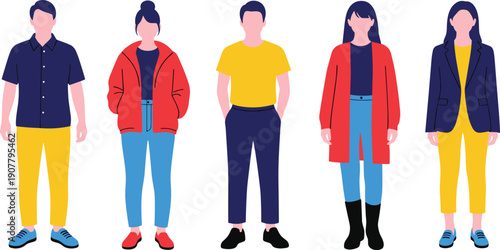 People standing in different poses illustration showing men and women from front and back views isolated on white background