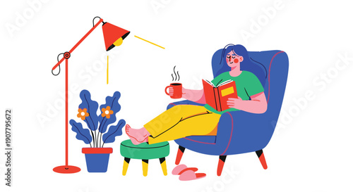 Person reading book comfortably in cozy armchair with cup of coffee and warm lighting