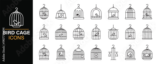 Ornamental bird cage line icons collection