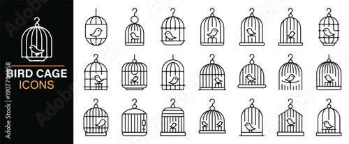 Vintage bird cage icons in minimalist line art style