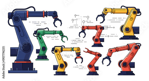 A vibrant collection of industrial robotic arms in various colors and poses, illustrating modern automation and manufacturing technology.