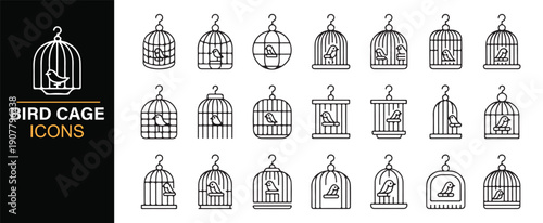 Bird cage outline icon set with decorative aviary symbols
