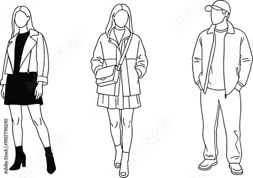 Modern fashion people line art illustration set featuring casual men and women outfits isolated on white background for lifestyle design