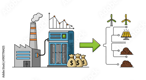 Conceptual illustration depicting the transformation of traditional industrial energy production into sustainable, renewable alternatives, emphasizing efficiency and financial benefits.
