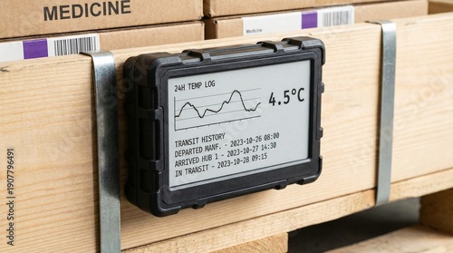 Temperature logger displaying 24 hour temperature log and transit history on medicine boxes