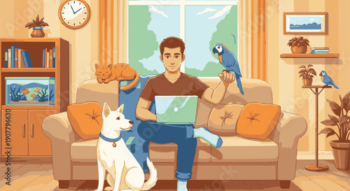 man sitting on couch with laptop and pets at home