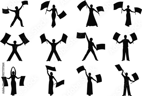 People waving flags silhouette collection isolated on white background for celebration, protest, victory concepts, events, parades and symbolic human actions