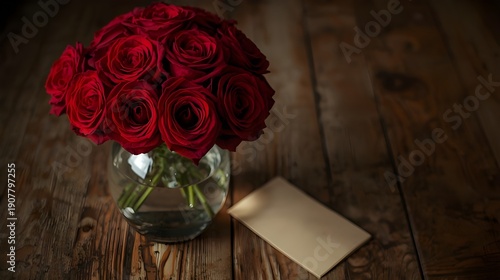 Red roses in a glass vase with golden blank note on wooden background.