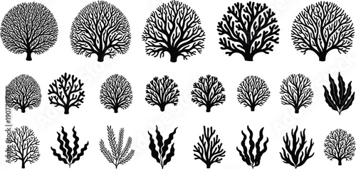 Marine coral and seaweed silhouettes collection isolated on white background for ocean design, underwater themes, logos, icons and vector illustrations