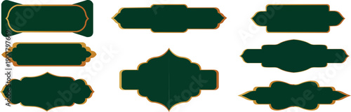 Set of nine dark green and gold ornate islamic or arabic style banner and label shapes