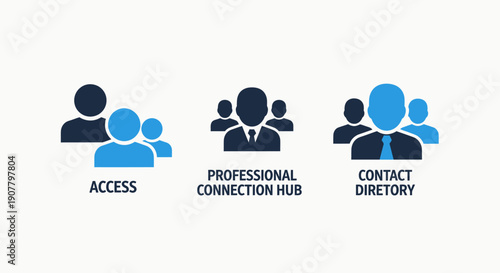 Icons for professional networking and contact management: access icons, professional connection hub, and contact directory.