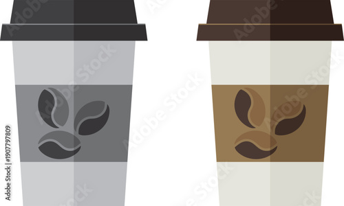 Two stylized coffee cups with lids and bean motifs