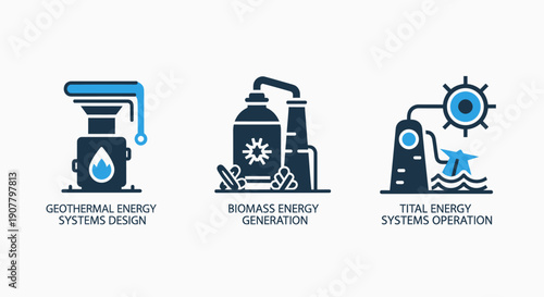 Icons for diverse renewable energy sources: geothermal energy system, biomass generation plant, and tidal energy operation.
