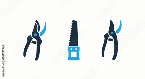 Gardening tools icons: pruning shears, a handsaw, and another pair of pruning shears, representing clipping, cutting, and garden maintenance.