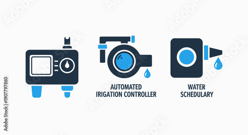 Icons for smart agriculture technology: automated irrigation controller, water scheduling, and watering device.