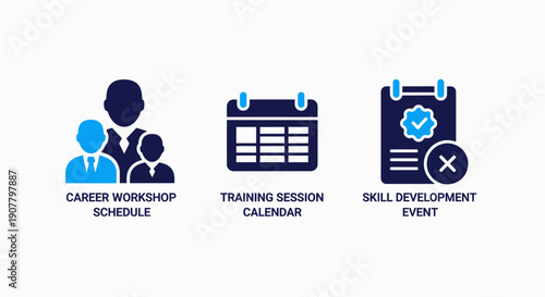 Icons for career development and scheduling: career workshop, training session calendar, and skill development event.