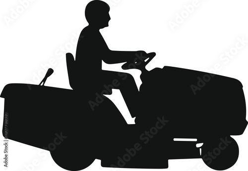 Man riding lawn mower silhouette isolated on white background for gardening services, landscaping businesses, lawn care logos, icons and illustrations