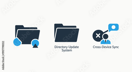 Icons for data management and synchronization: folder icons with progress indicators, and a user icon with a chat bubble and cross symbol for cross-device sync.