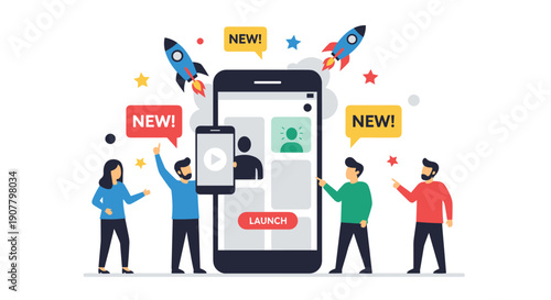 A vibrant illustration depicting a team of diverse individuals collaborating to launch a new mobile application with rockets symbolizing innovation and rapid growth.