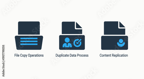 Icons for data management and operations: file copy, duplicate data process, and content replication.