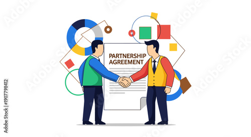 Two business partners shaking hands in front of a partnership agreement document, symbolizing successful collaboration and a new venture.
