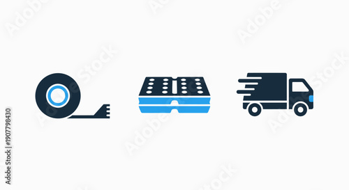Icons for shipping and delivery: tape, egg carton, and a speeding delivery truck.