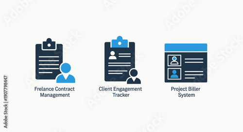 Business and management icons: freelance contracts, client engagement tracking, and project billing.