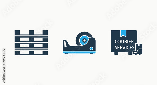 Logistics and shipping icons: pallet, tape dispenser, and courier delivery truck.