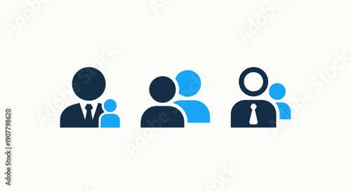 Icons depicting groups of people, a leader with a subordinate, and a team, representing teamwork, collaboration, and hierarchy.
