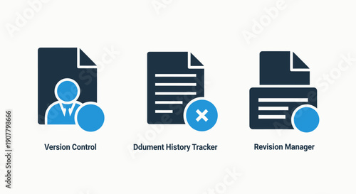 Set of Flat Icons for Document Version Control, History Tracking, and Revision Management in Blue and Dark Gray