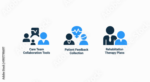 Flat Icons Depicting Healthcare Team Collaboration, Patient Feedback, and Rehabilitation Therapy