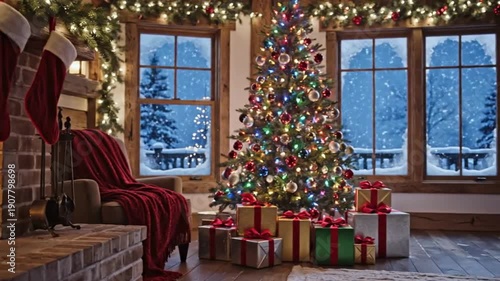 Cozy Christmas Living Room with Burning Fireplace and Decorated Tree