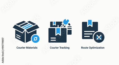 Courier and Logistics Icons: Package Materials, Tracking, and Route Optimization for Delivery Services
