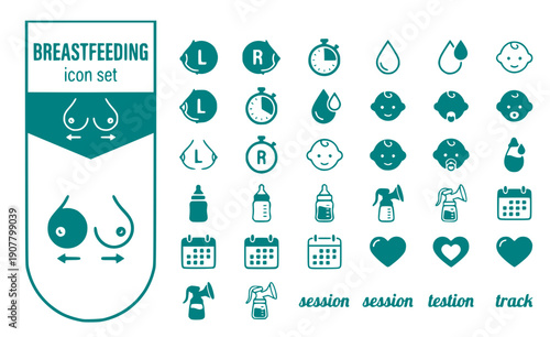 Breastfeeding Left-Right Nursing-Session Breast-Side Lactation-Tracking Feeding-Breast Breast-Tracking Vector Icon Set - Nursing Track