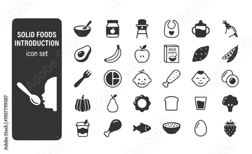 Solid Foods Introduction Baby-Food First-Foods Weaning Food-Introduction Solid-Feeding Baby-Weaning Vector Icon Set - First Foods