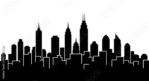 Minimalist City Skyline Silhouette with Diverse Building Shapes and Skyscrapers on an Isolated White Background