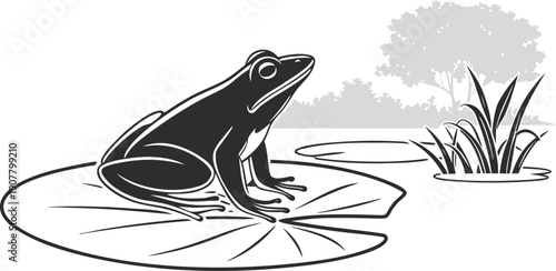 Frog resting on lily pad in pond with reeds and tree, peaceful nature scene