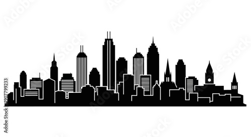 Varied City Skyline Silhouette with Different Skyscraper Shapes and a Clock Tower on an Isolated White Background