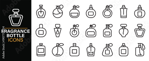 Perfume glass bottle icons in minimalist line art style