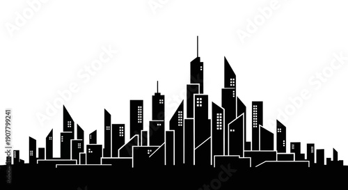Dynamic Black Silhouette City Skyline with Modern Skyscrapers and Architectural Diversity on an Isolated White Background