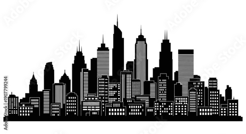 Intricate Black Silhouette City Skyline with Detailed Windows and Diverse Buildings on an Isolated White Background