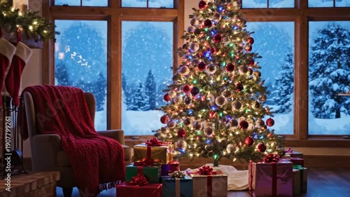 Cozy Christmas Living Room with Burning Fireplace and Decorated Tree